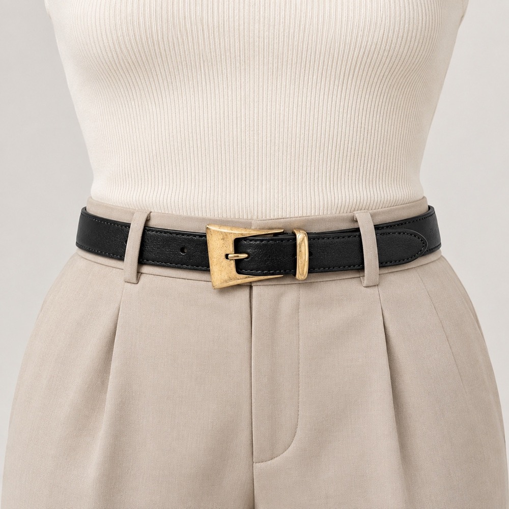 Lemie Size S Black Leather Belt Gold Geometric Buckle Classic Modernist Vintage